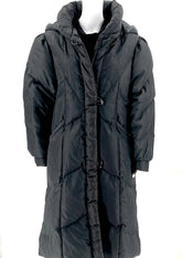 Womens Size XL Quilted Long Black Coat with Removable Hood Buttons & Zipper - RealThreads